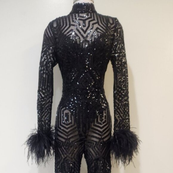 πA BOMBSHELL!π Ostrich Feather Trim Sequin Lace Bodycon Jumpsuit in Black - Picture 8 of 16